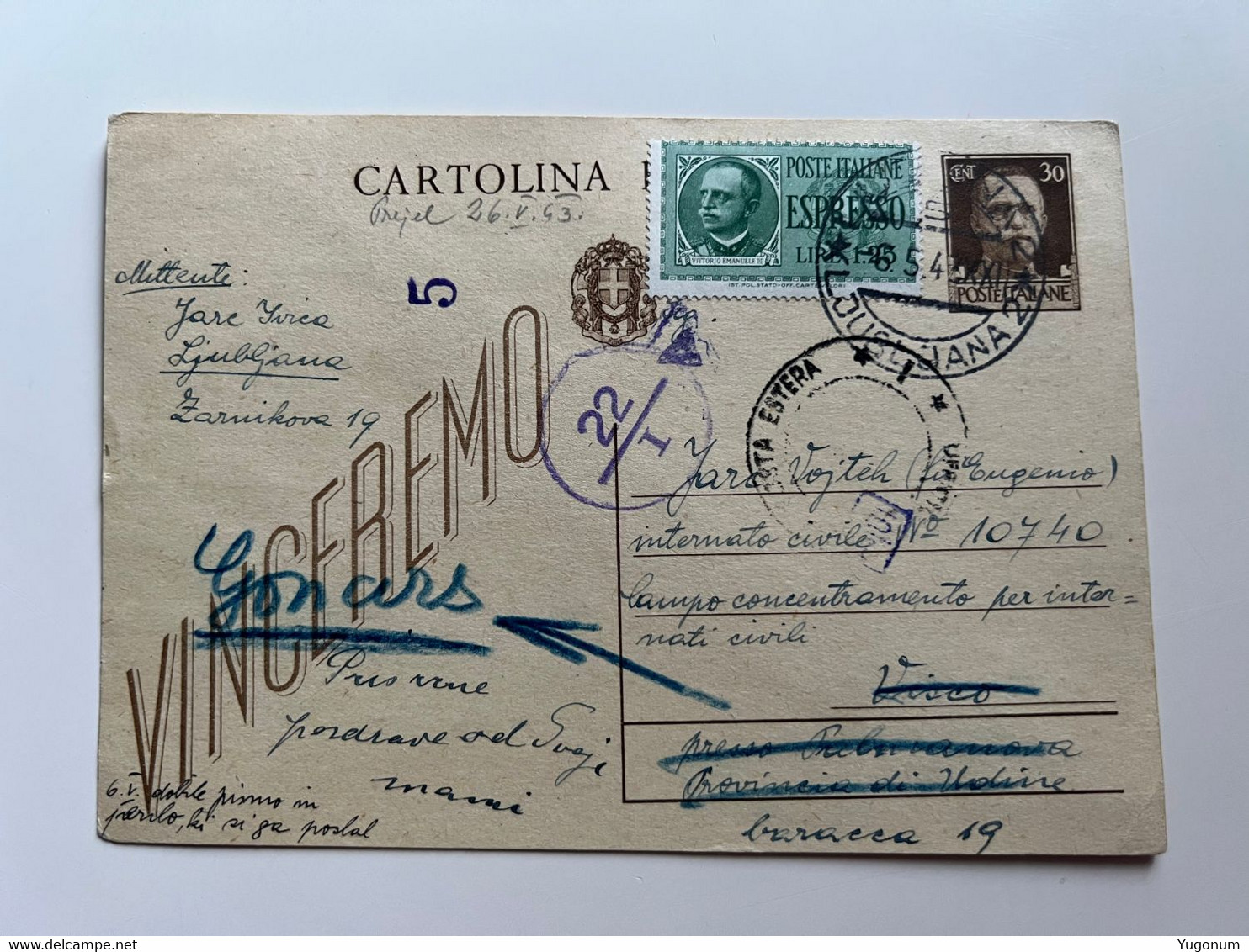 ITALY WWII 1943 Stationary Sent From LUBIANA -> Concenetration Camp VISCO, Redirected To GONARS  (No 1892) - Ljubljana