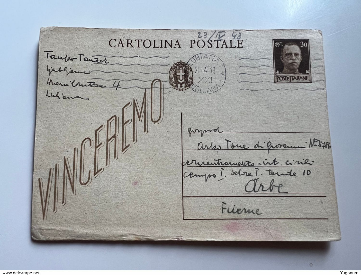 ITALY WWII 1943 Sent From LUBIANA To ARBE (RAB) Postal Stationery (No 1895) - Ljubljana