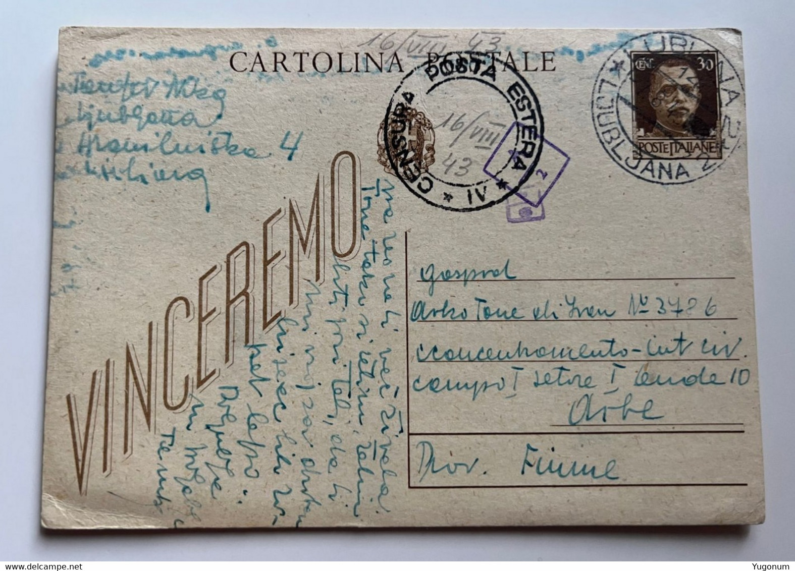 ITALY WWII 1943 Postal Stationary Sent From LUBIANA To ARBE (RAB) With Censorship Stamp (No 1899) - Lubiana