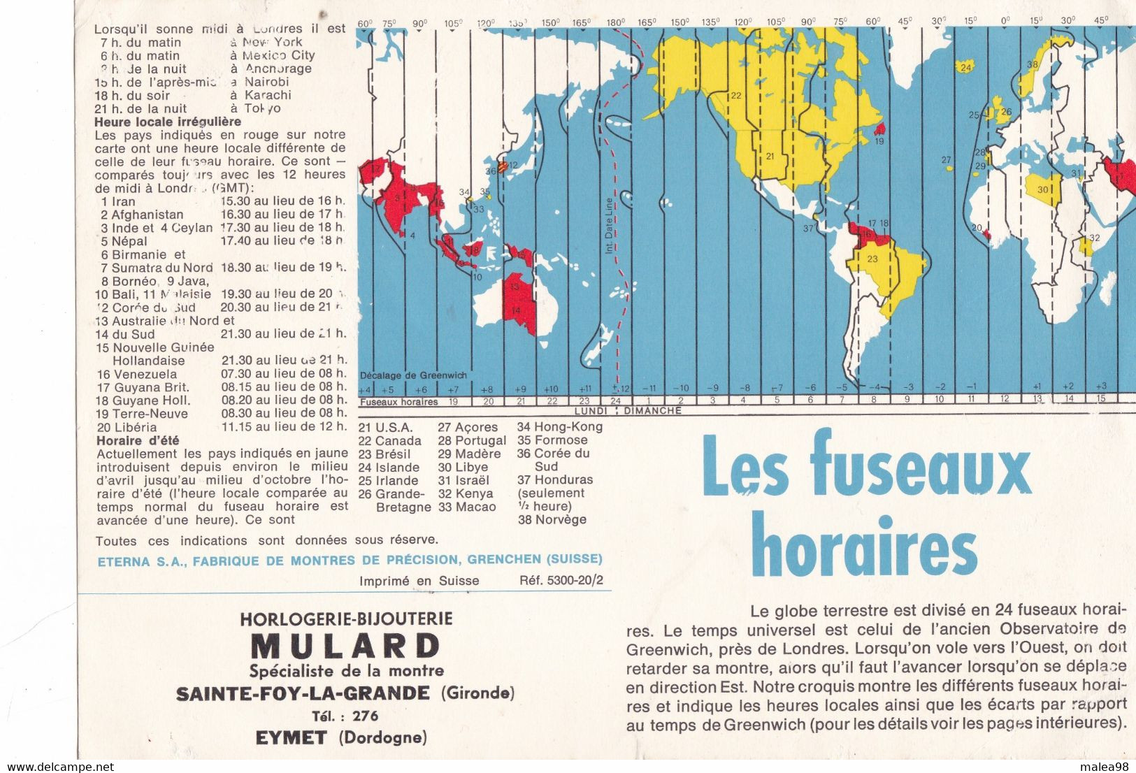 LES FUSEAUX  HORAIRES   PUBLICITE ,,HORLOGERIE  MULARD  STEFOY LA GRANDE 33 - Mundo