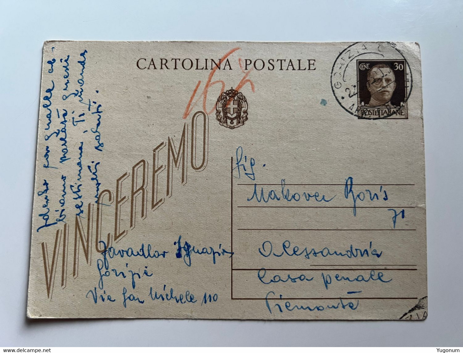 WWII ITALY Stationery Card 1943 Sent From GORIZIA To ALESSANDRIA Casa Penale With Censorship Stamp (No 1909) - Lubiana