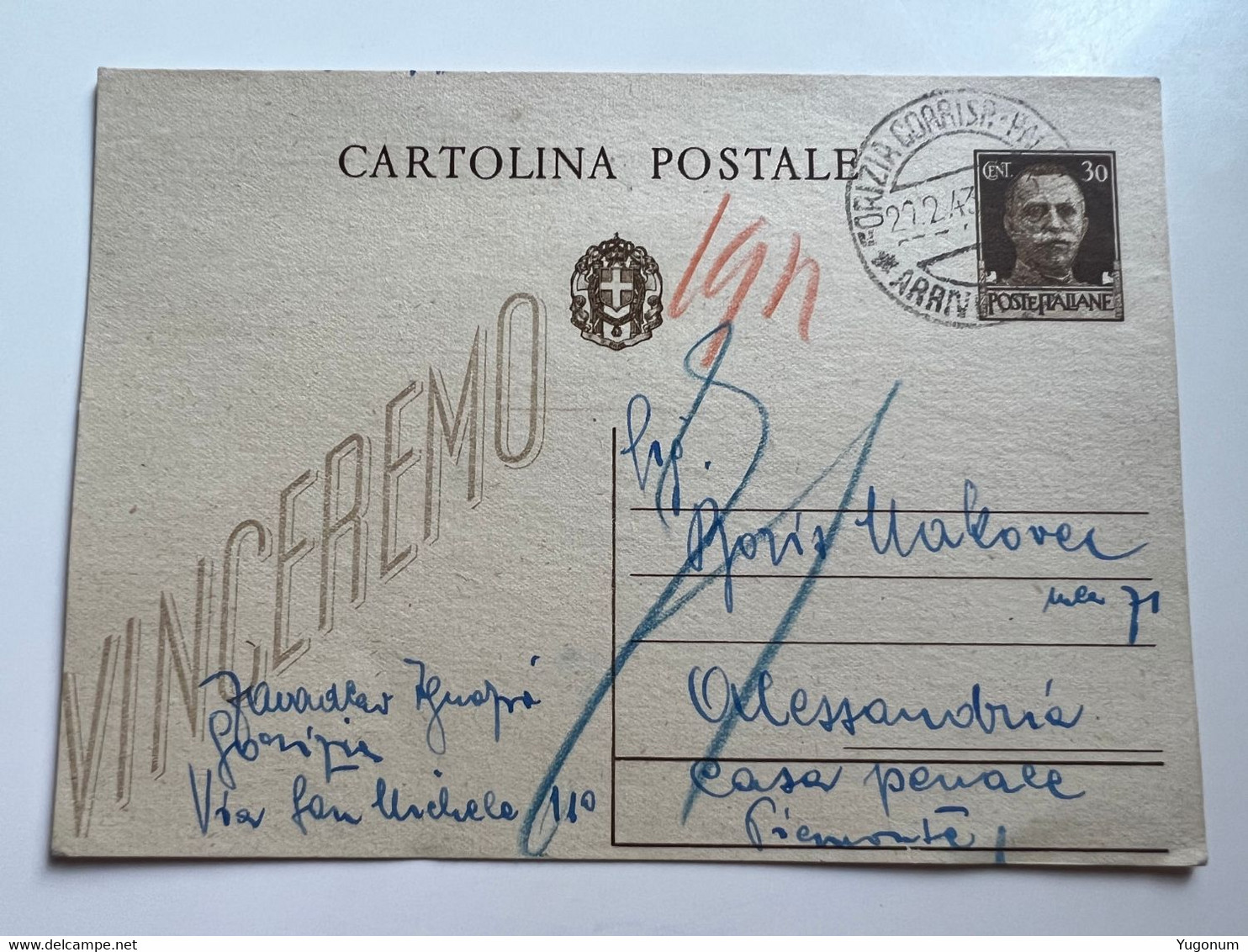 WWII ITALY Stationery Card 1943 Sent From GORIZIA To ALESSANDRIA Casa Penale With Censorship Stamp (No 1911) - Ljubljana