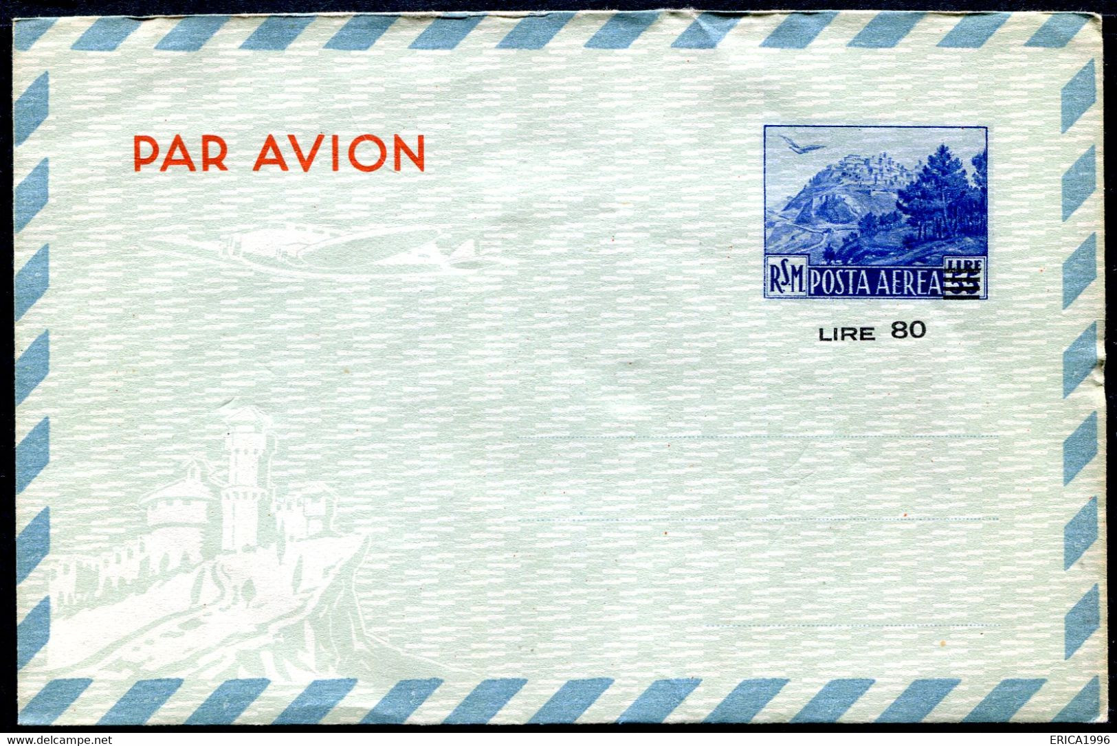 Z3517 SAN MARINO 1951 Aerogramma PROVVISORI Lire 80 Su 55 Blu (Filagrano A6), NUOVO, Ottime Condizioni - Entiers Postaux