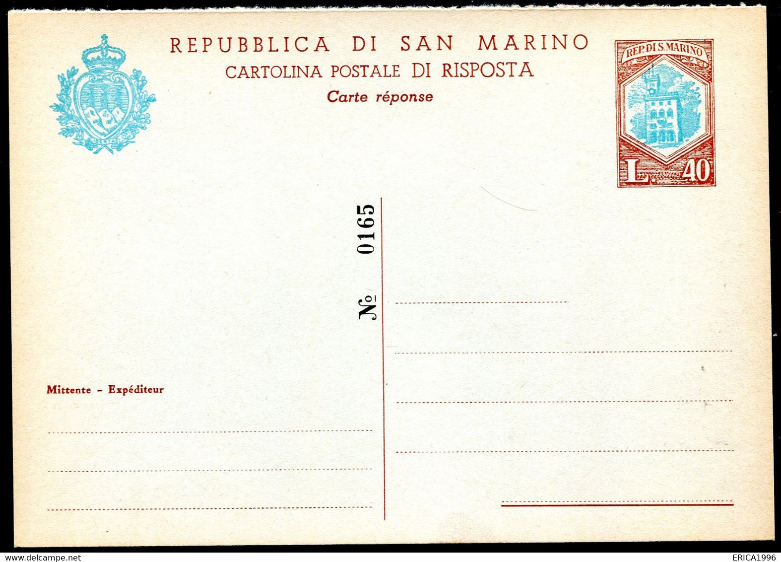 Z3522 SAN MARINO 1966 Cartolina Postale DEFINITIVA Lire 40 + 40 Celeste E Bruno, PARTE RISPOSTA (Filagrano C38), NUOVA, - Entiers Postaux