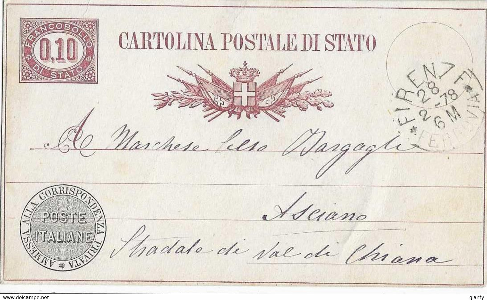 INTERO REGNO SERVIZIO DI STATO AMMESSO ALLA CORRISPONDENZA PRIVATA 10 CENT 1878 FIRENZE X ASCIANO - Interi Postali