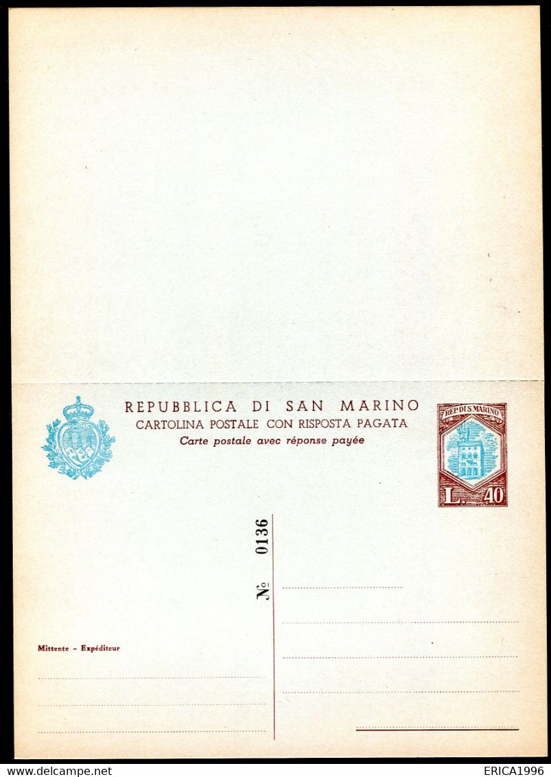 Z3526 SAN MARINO 1966 Cartolina Postale DEFINITIVA Lire 40 + 40 Celeste E Bruno, Stampa Nitida (Filagrano C38), NUOVA, O - Interi Postali