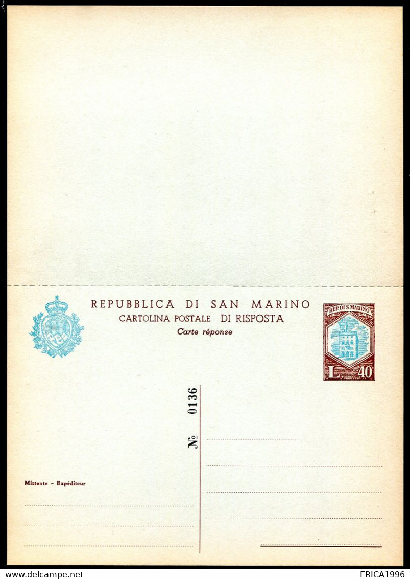 Z3526 SAN MARINO 1966 Cartolina Postale DEFINITIVA Lire 40 + 40 Celeste E Bruno, Stampa Nitida (Filagrano C38), NUOVA, O - Interi Postali