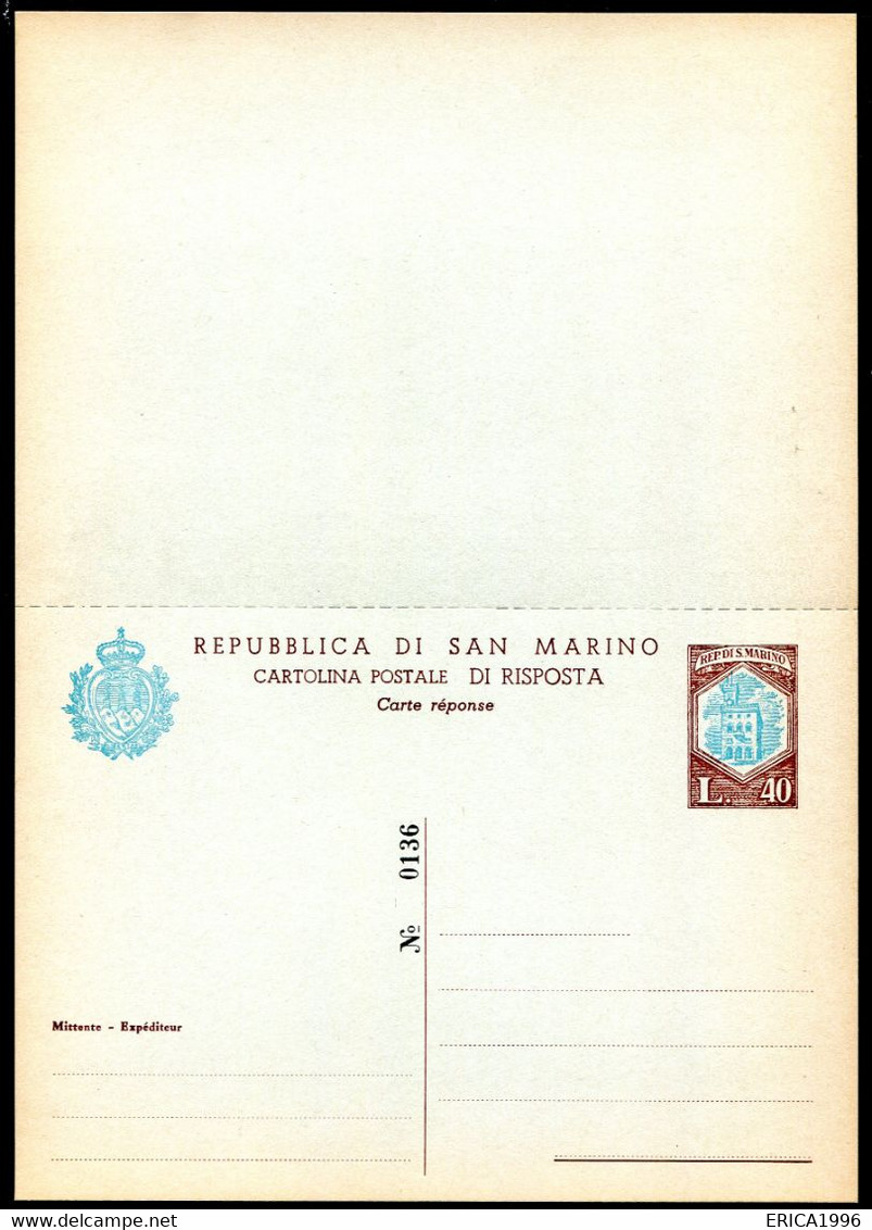 Z3526 SAN MARINO 1966 Cartolina Postale DEFINITIVA Lire 40 + 40 Celeste E Bruno, Stampa Nitida (Filagrano C38), NUOVA, O - Entiers Postaux