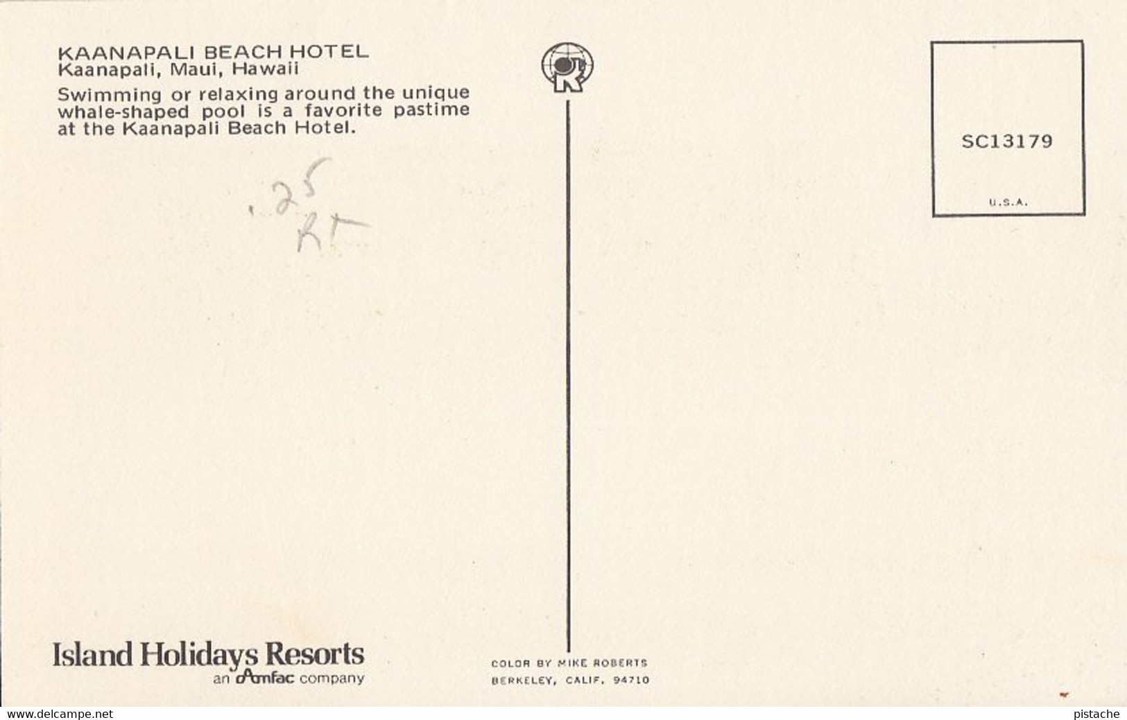 3463 – Kaanapali Hotel – Maui Hawaii HI – Animation - Whale-Shaped Swimming Pool – VG Condition – 2 Scans - Maui