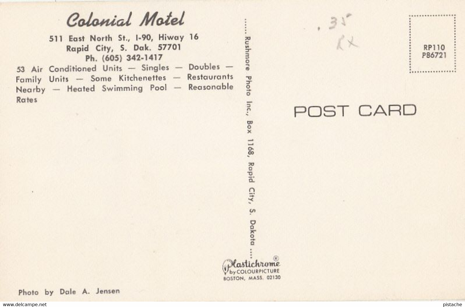 3464 – Rapid City South Dakota SD – Colonial Motel – VG Condition – 2 Scans - Rapid City