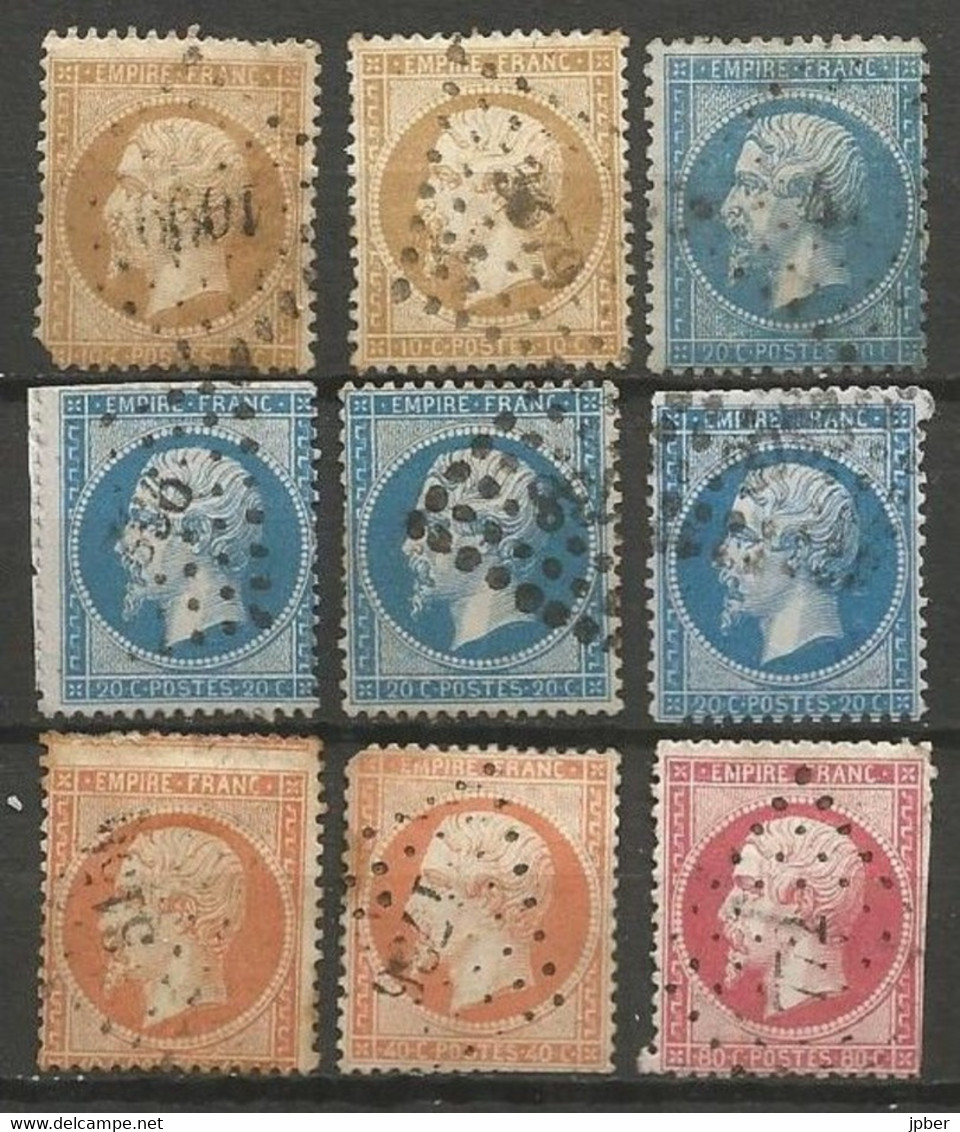 France - Type Napoleon III - N°21-22-23-24 - 9 Timbres Avec Obl. PC à Identifier - 1862 Napoléon III.