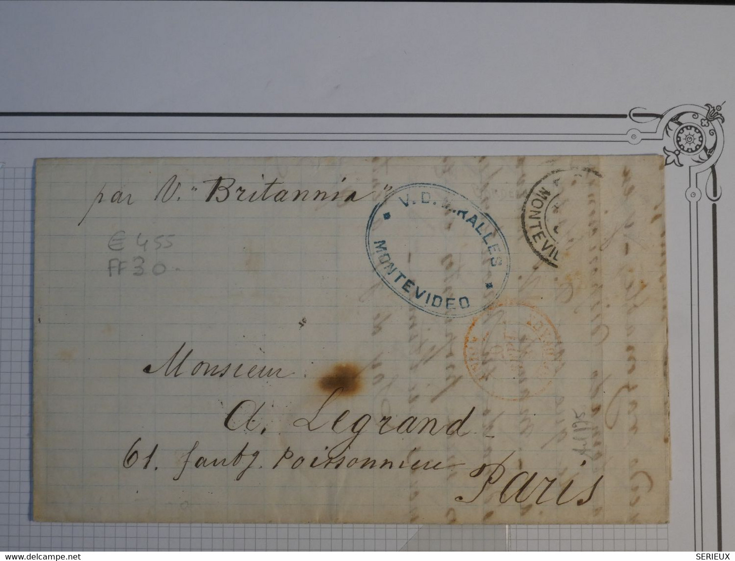 BM1 CHILE    BELLE LETTRE  1880 MONTEVIDEO A PARIS   FRANCIA PAR LE PAQ.  BRITANIA   +AFFRANC. INTERESSANT++ - Chile