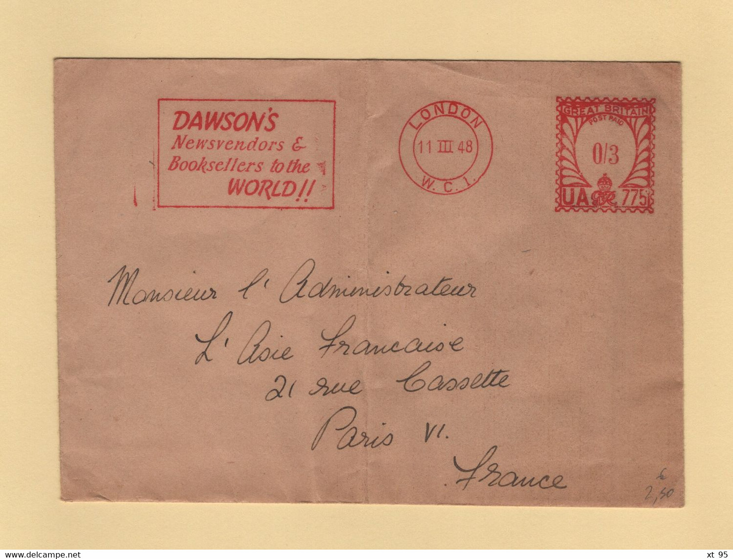 Grande Bretagne - Londres - EMA - Dawson Newsvendors Booksellers - 1948 - Franking Machines (EMA)