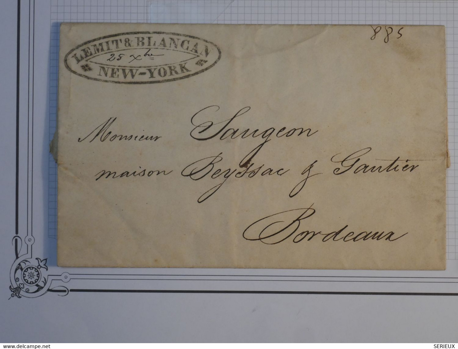 BM1 ETATS UNIS   BELLE LETTRE SANS MARQUE RRR 1833 NEW YORK   A BORDEAUX FRANCE +ENTREE MARITIME LE HAVRE++ - …-1845 Vorphilatelie