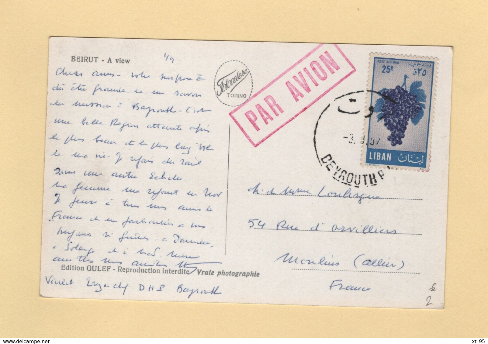 Liban - 1957 - Carte Postale Par Avion Destination France - Raisin - Liban