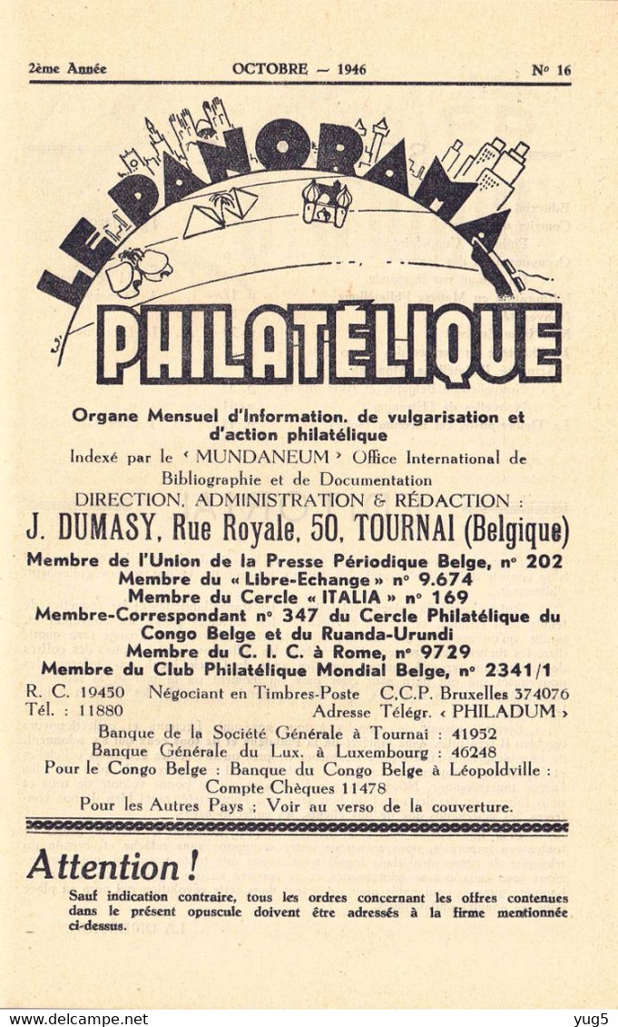 L'Essor Philatélique /Le Panorama Philatélique (Tournai) N° 16  Octobre 1946 - Français (àpd. 1941)