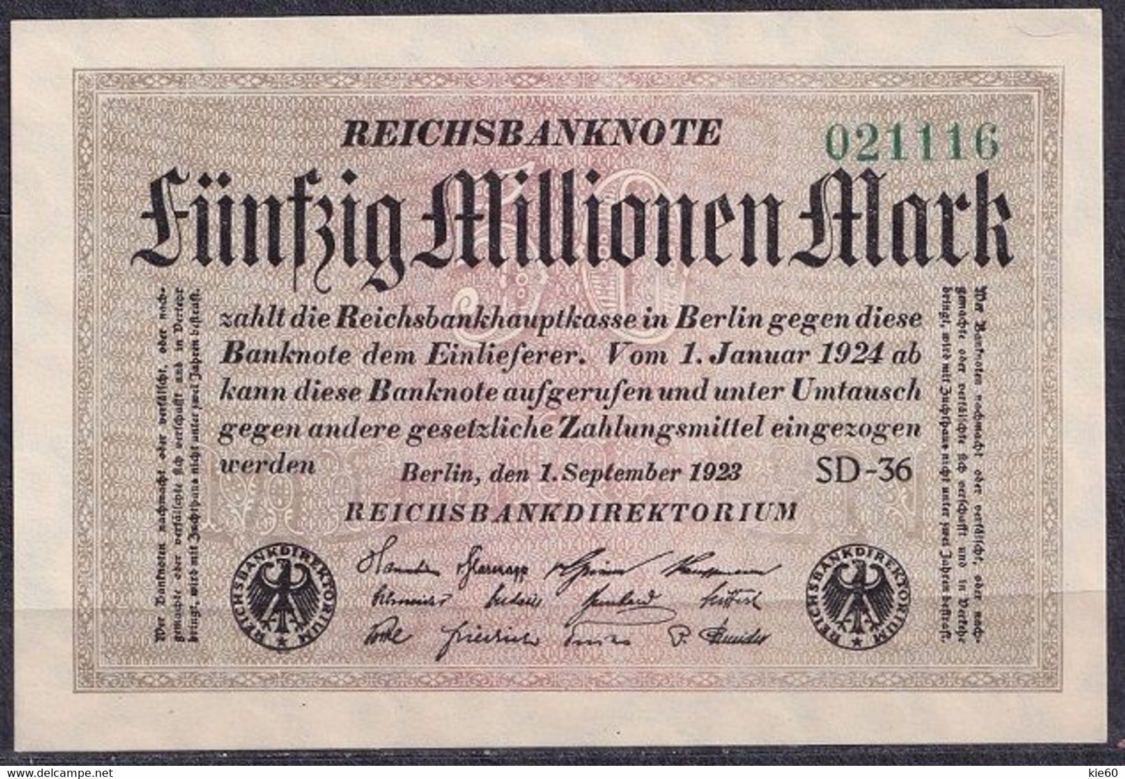 Germany - 1923 - 50 000 000 Mark  - Wmk  Small Circles.. R108h.. UNC - 50 Mio. Mark