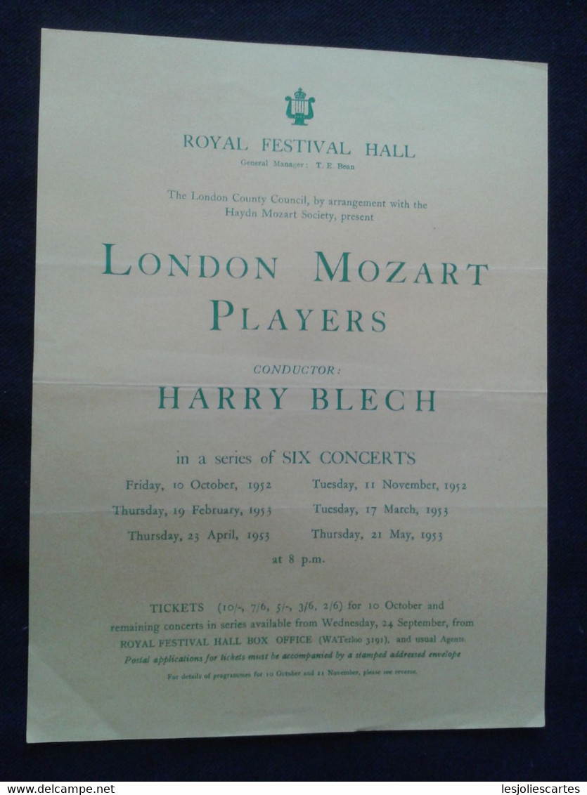 CLIFFORD CURZON PIANISTE KLAVIER PIANIST NORBERT BRAININ VIOLIN VIOLON HARRY BLECH CONDUCTOR DIRIGENT FLYER HANDBILL - Programme