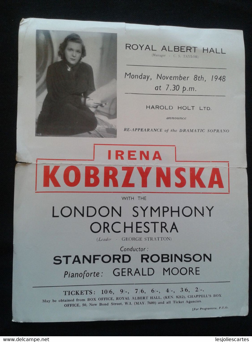 IRENA KOBRZYNKA SOPRANO SOPRAN GERALD MOORE PIANISTE PIANIST KLAVIER STANFORD ROBINSON CONDUCTOR DIRIGENT FLYER HANDBILL - Programme