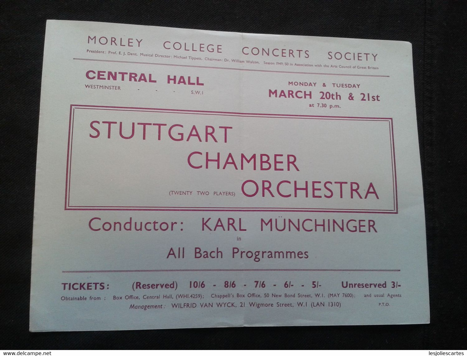 KARL MUNCHINGER CONDUCTOR DIRIGENT STUTTGART CHAMBER ORCHESTRA FLYER HANDBILL - Programme