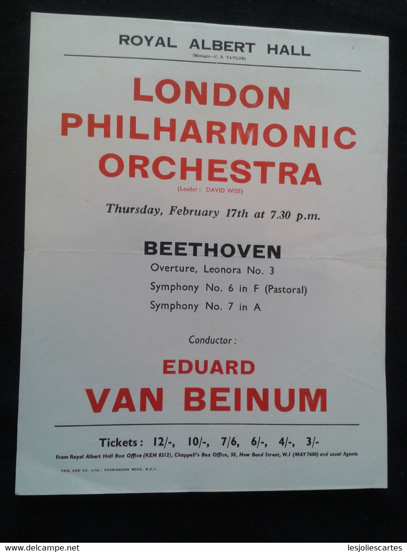 EDUARD VAN BEINUM CONDUCTOR DIRIGENT LPO FLYER HANDBILL - Programme