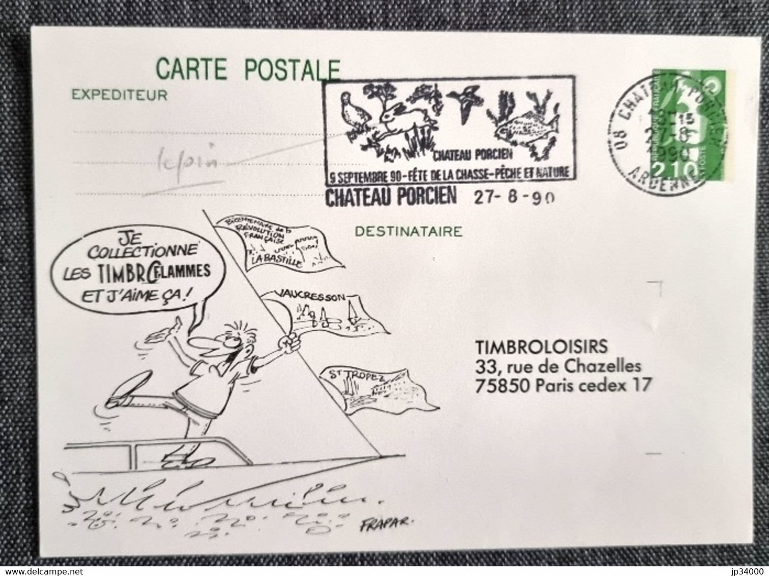 FRANCE Lapins, Lapin, Rabbit, Conejo. Oblitération Temporaire CHATEAU PORCIEN 1990 Sur Entier Postal - Conejos