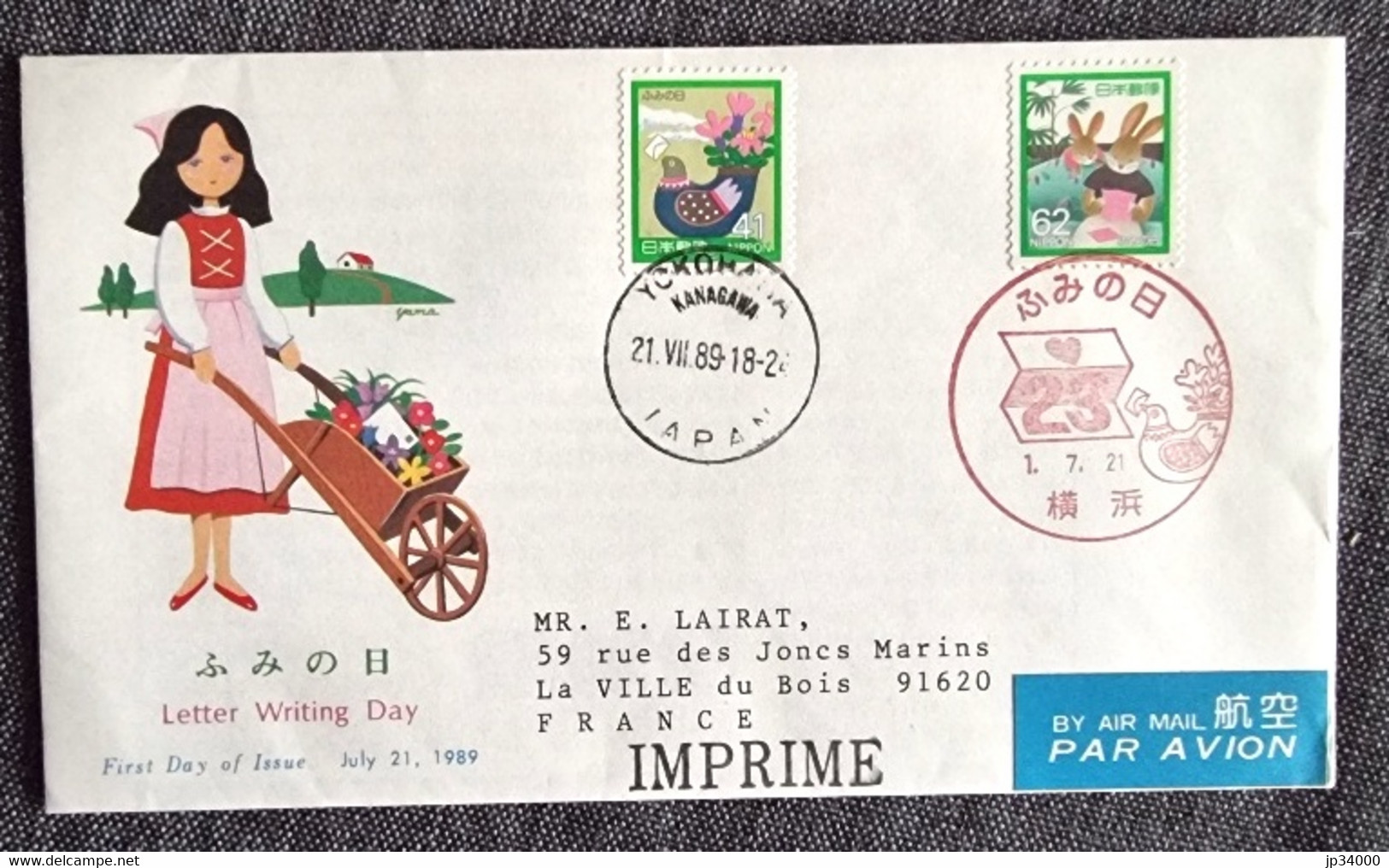 JAPON Lapins, Lapin, Rabbit, Conejo. Yvert N° 1776 Journée De La Lettre 1989. Lettre Ayant Circulée Vers La France - Rabbits