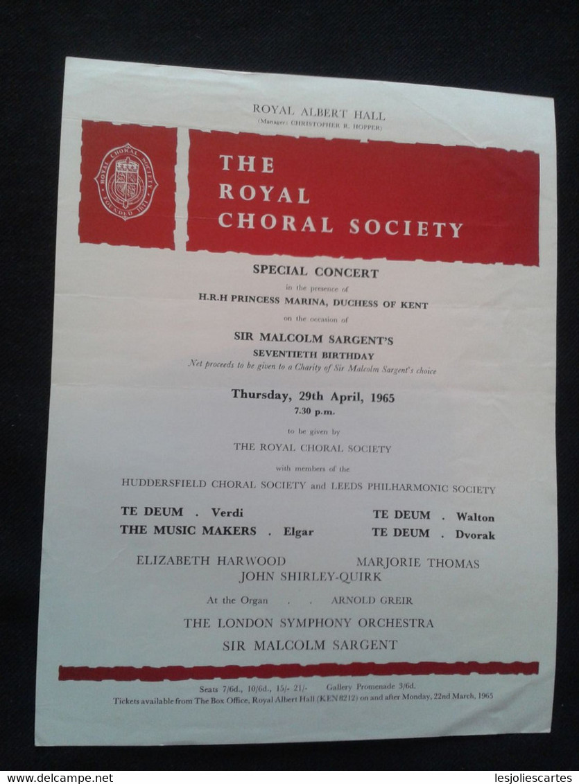 HARWOOD THOMAS SHIRLEY QUIRK SIR MALCOLM SARGENT CONDUCTOR DIRIGENT LSO CONCERT FLYER HANDBILL - Programme