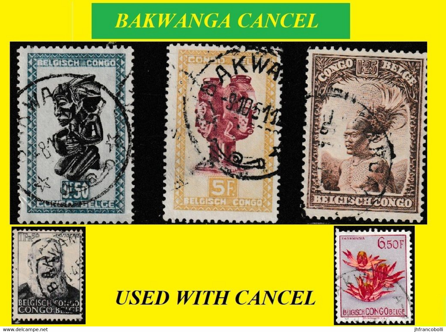 1931/1952 (°) BAKWANGA BELGIAN CONGO  CANCEL STUDY [4] COB 177+289+290+318 ETNNIC & MASKS & FLOWERS X 5 STAMPS SELECTION - Variedades Y Curiosidades