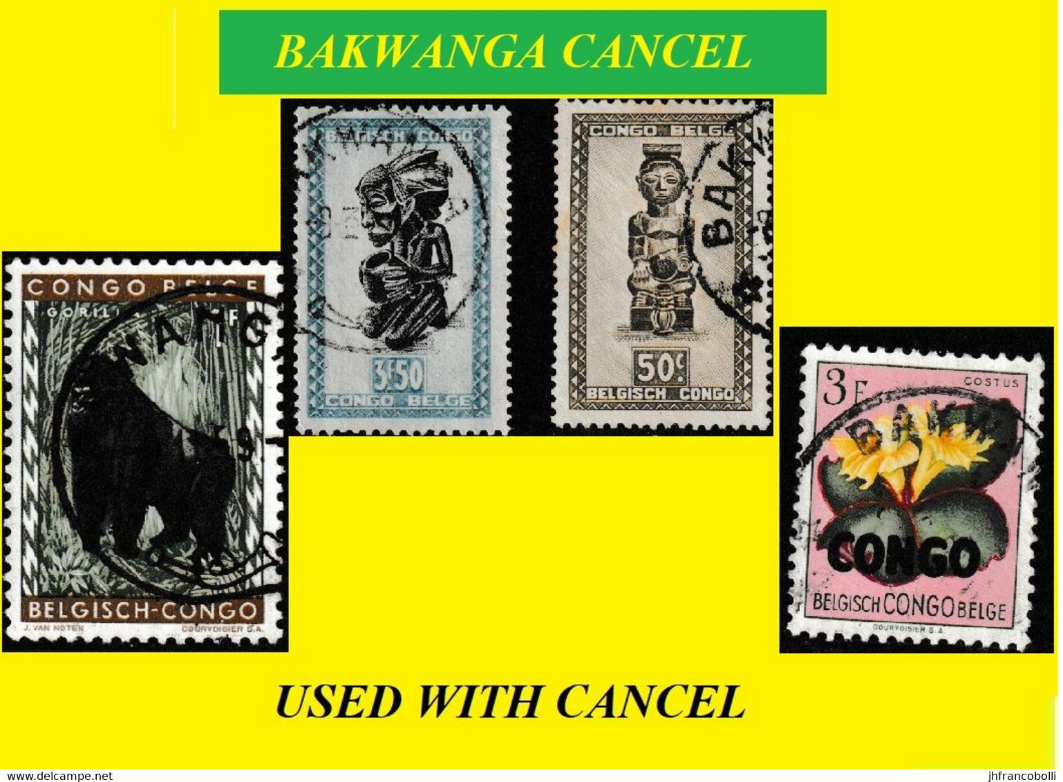 1947/1959 (°) BAKWANGA BELGIAN CONGO  CANCEL STUDY [5] COB 282+228+354+CD MASKS & FLOWERS ANIMALS X 4 STAMPS SELECTION - Abarten Und Kuriositäten