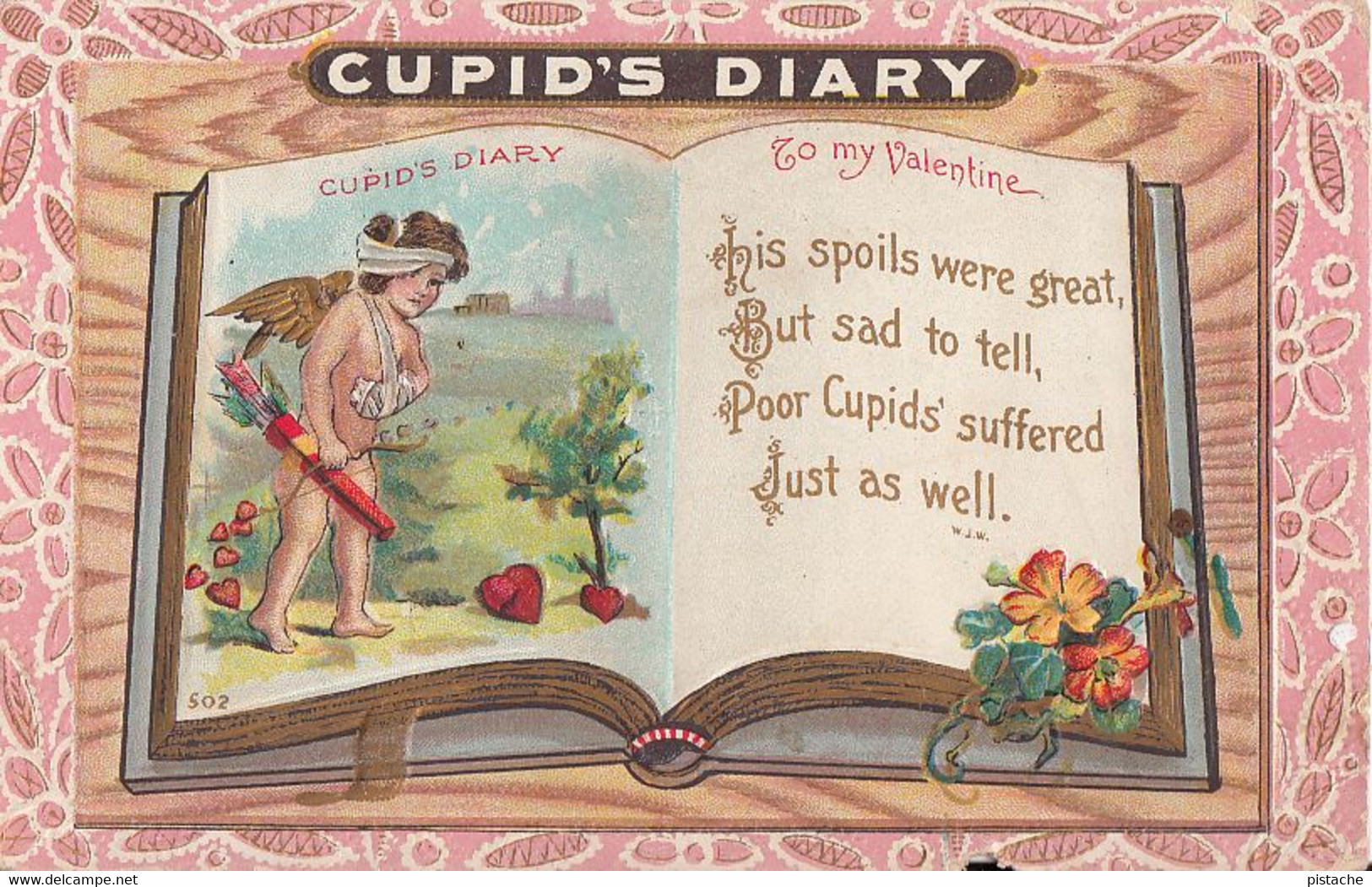 3473 – Cupid’s Diary – Man To Man Valentine - To Donald From James – Cherub - Embossed – Vintage - Slightly Damaged - Saint-Valentin