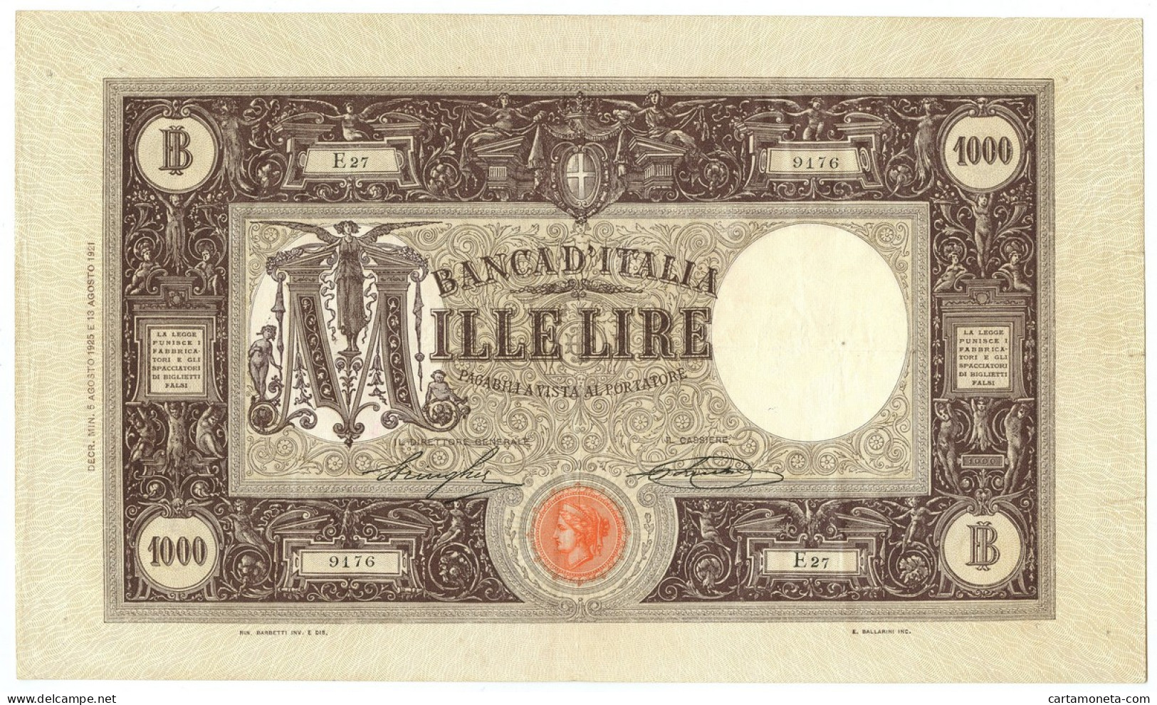 1000 LIRE BARBETTI GRANDE M TESTINA DECRETO 05/08/1925 BB - Regno D'Italia – Autres