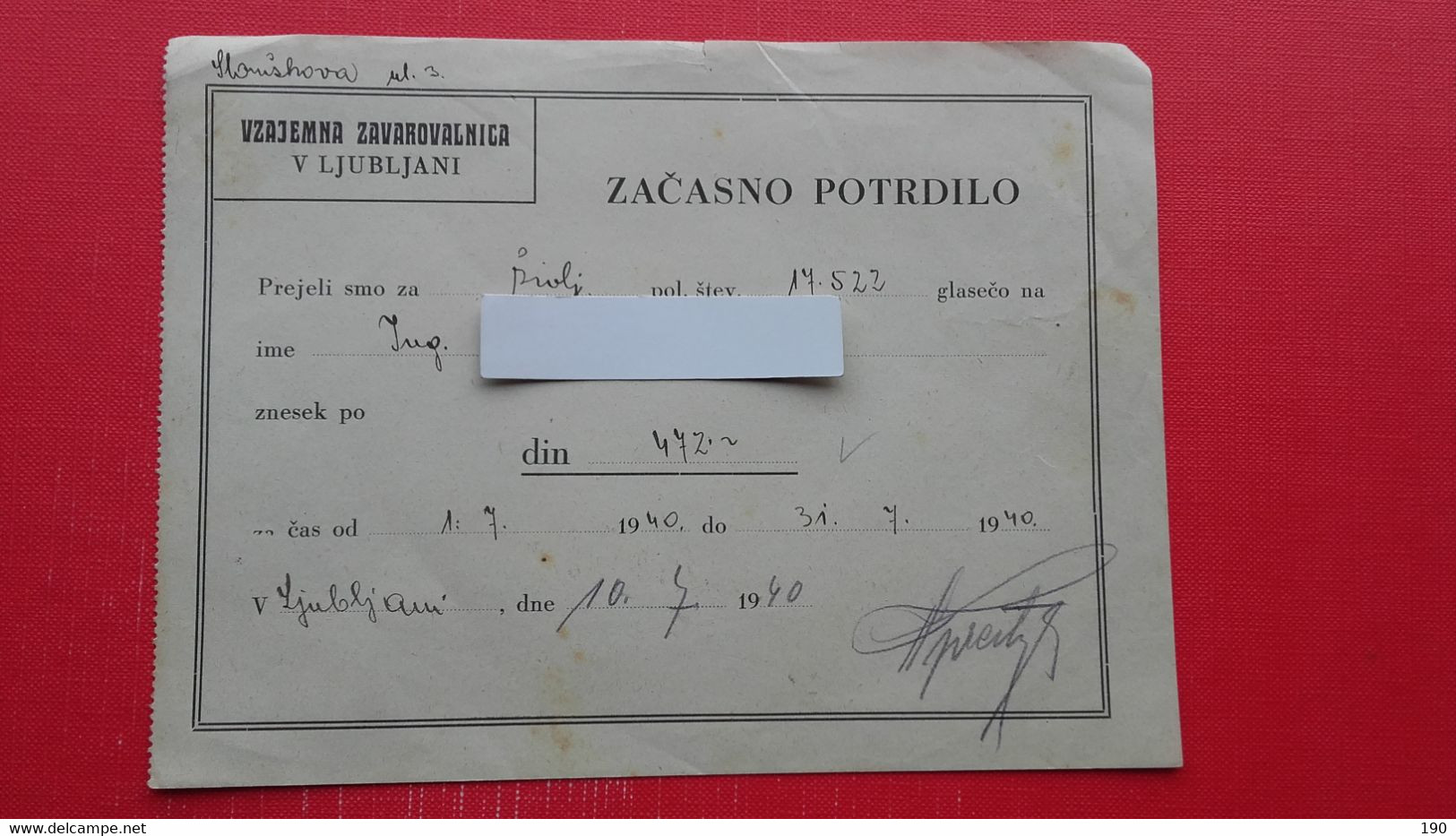 Insurance Company.Vzajemna Zavarovalnica V Ljubljani.11x Zacasno Potrdilo.11 Documents. - Chèques & Chèques De Voyage