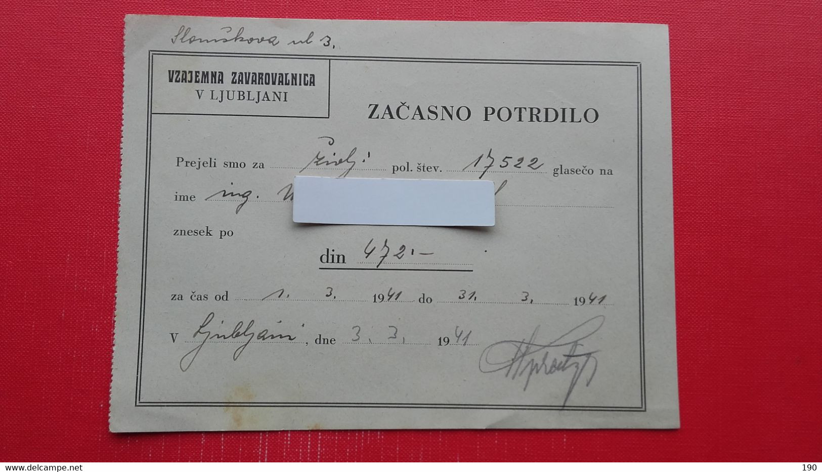 Insurance Company.Vzajemna Zavarovalnica V Ljubljani.11x Zacasno Potrdilo.11 Documents. - Chèques & Chèques De Voyage