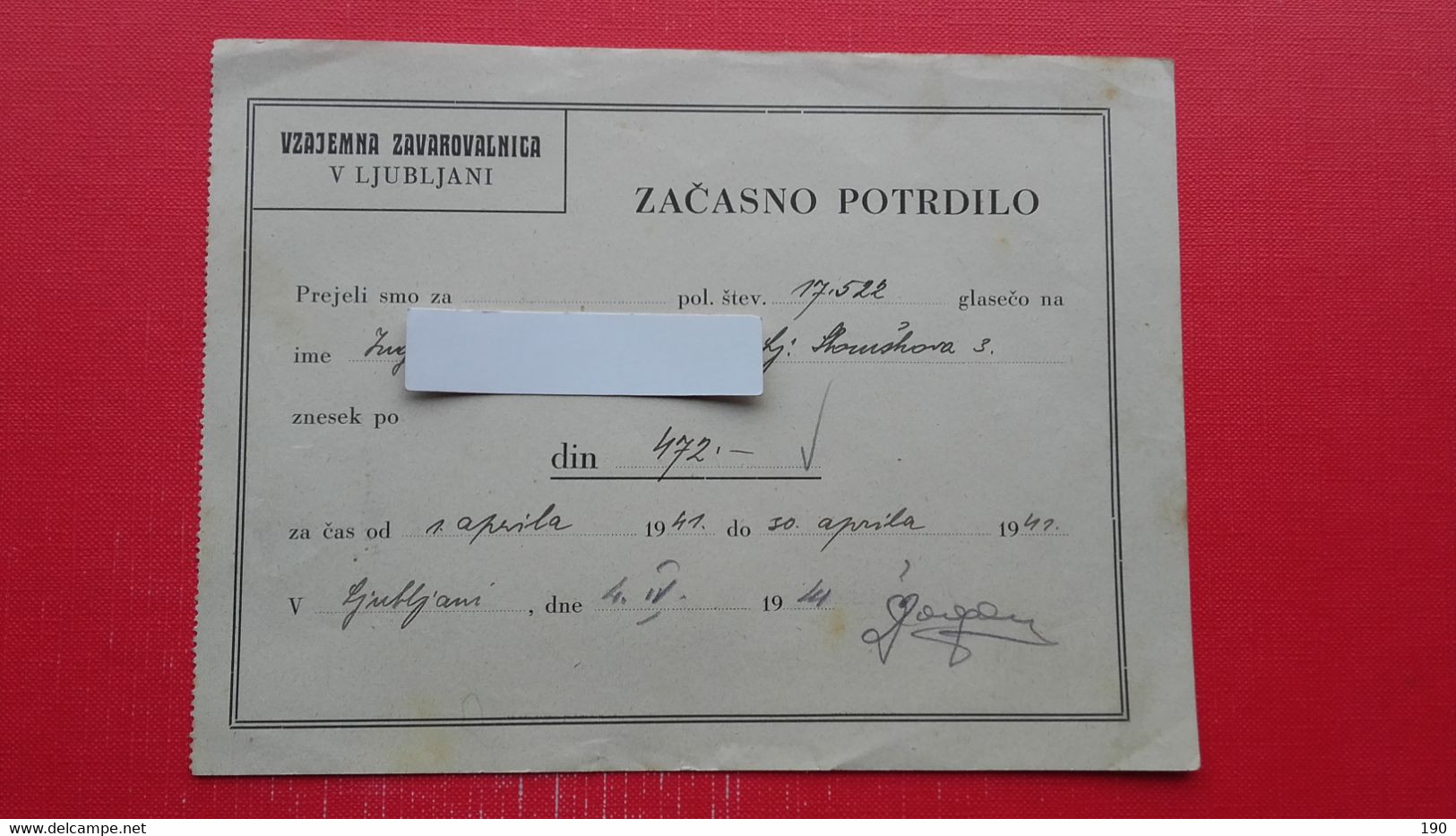 Insurance company.Vzajemna zavarovalnica v Ljubljani.11x zacasno potrdilo.11 documents.