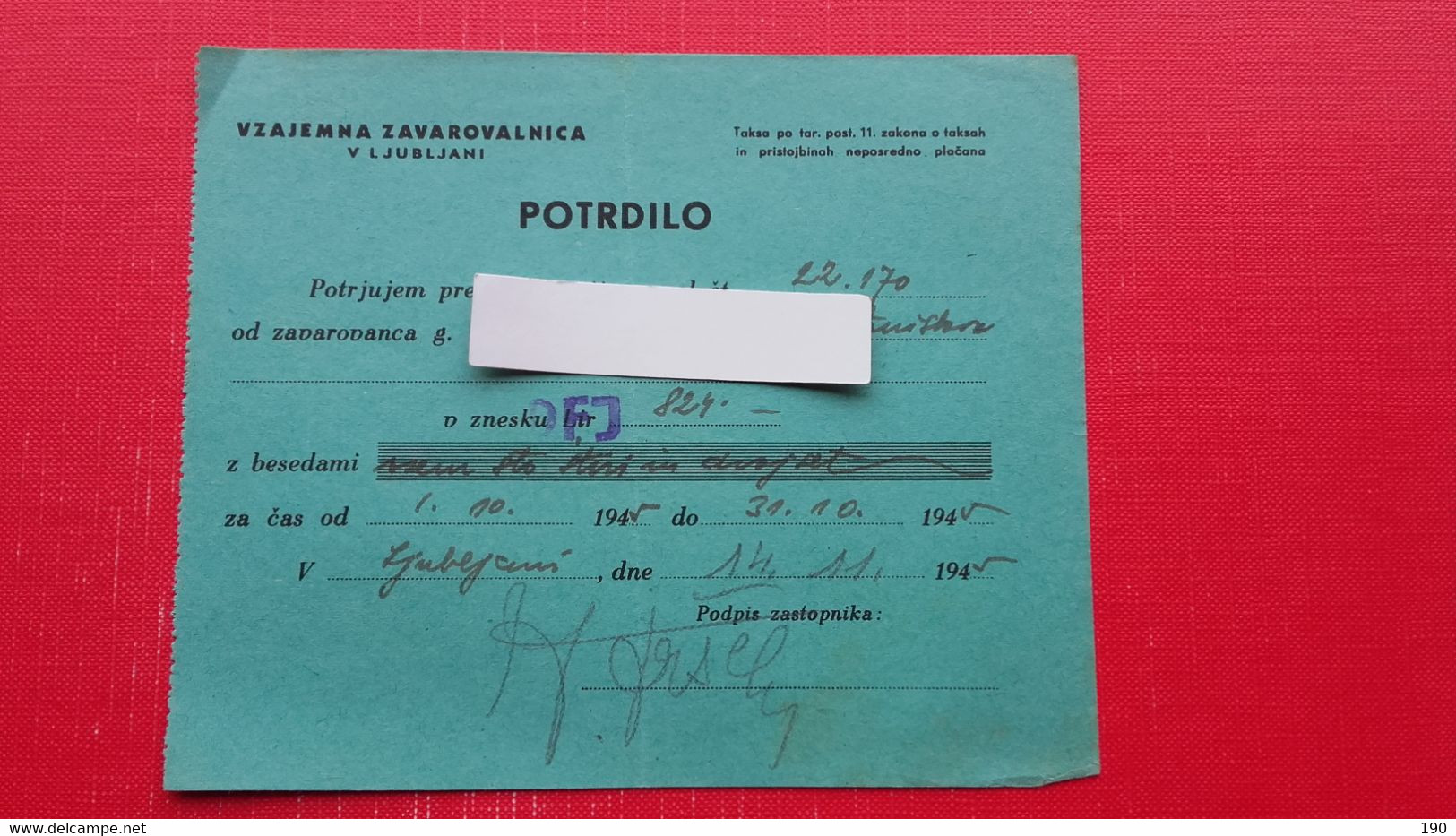 Insurance Company.Vzajemna Zavarovalnica V Ljubljani.Potrdilo 1945 - Chèques & Chèques De Voyage