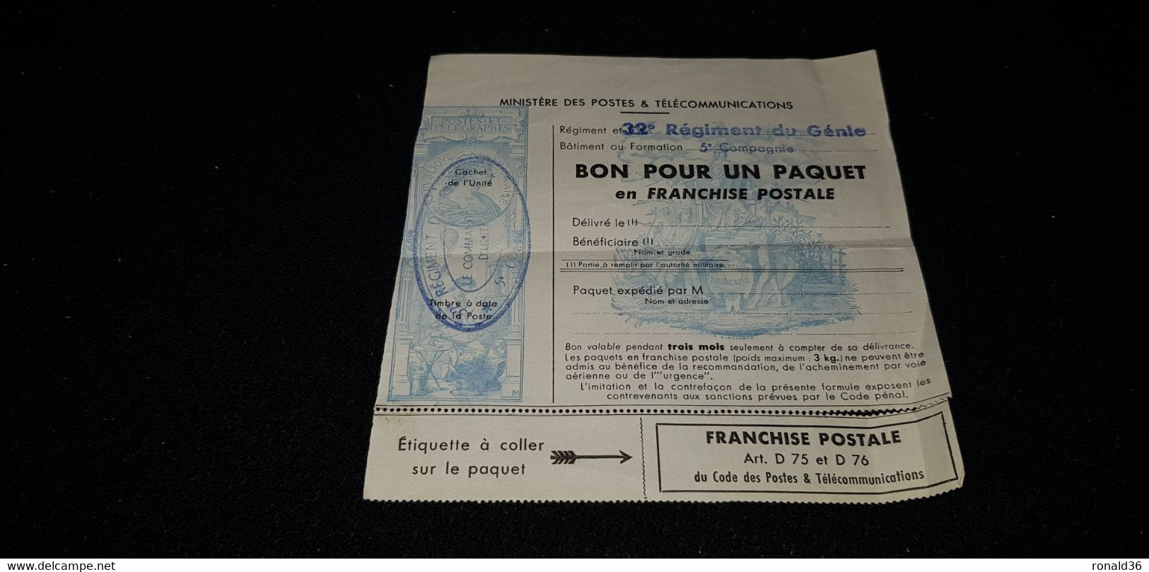BON POUR UN PAQUET En Franchise Postale FM  POSTES Et TELECOMMUNICATIONS Militaire 32è REGIMENT DU GENIE RG 5è Cie - Other & Unclassified