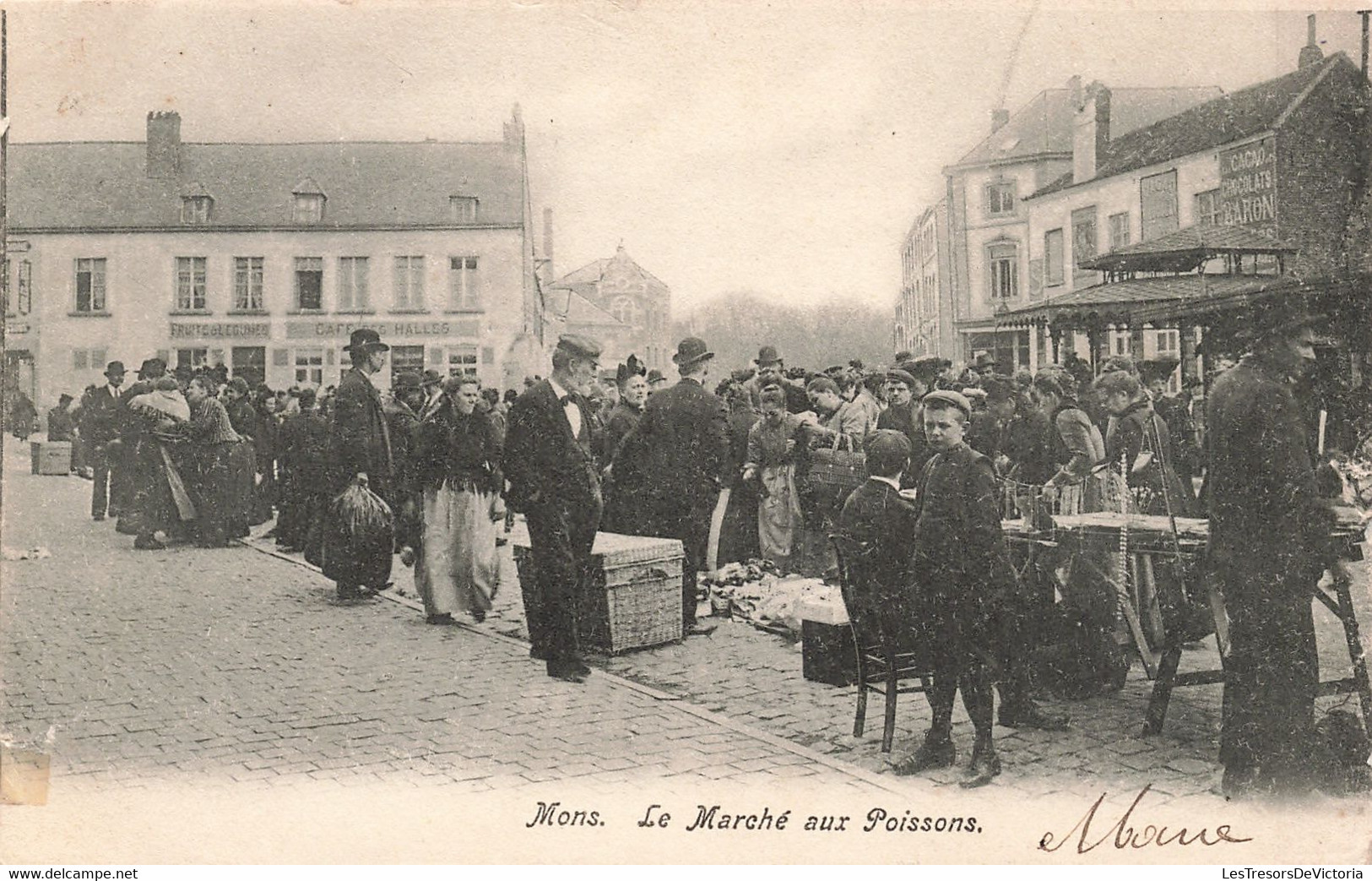 CPA - Belgique - Mons - Le Marché Aux Poissons - Dos Non Divisé - Oblitéré Ghlin 1904 - Animé - Chocolats Baron - Mons