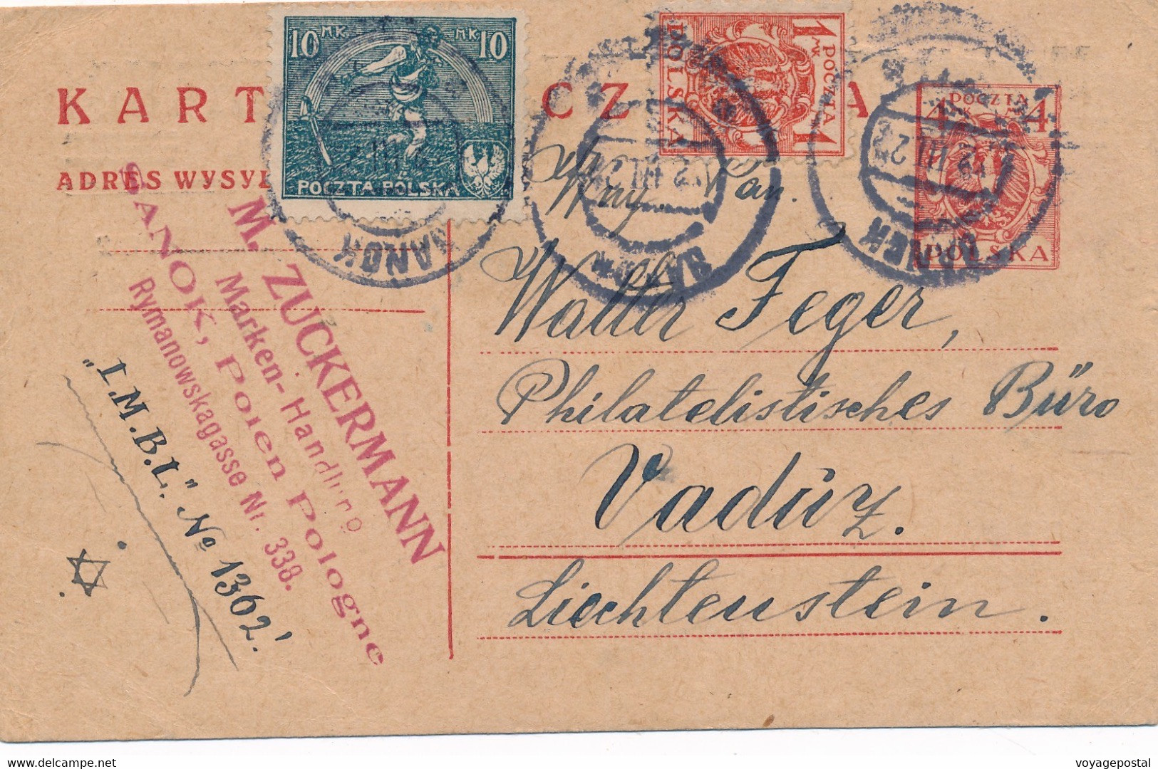 CARTE ENTIER POSTAL ZUCKERMANN POLOGNE SANOK POUR VADUZ LIECHTENSTEIN - Cartas & Documentos