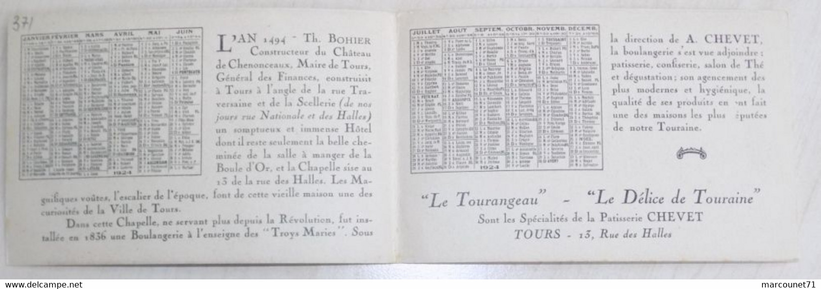 CALENDRIER PUBLICITAIRE BOULANGERIE PATISSERIE A CHEVET TOURS - Kleinformat : 1901-20