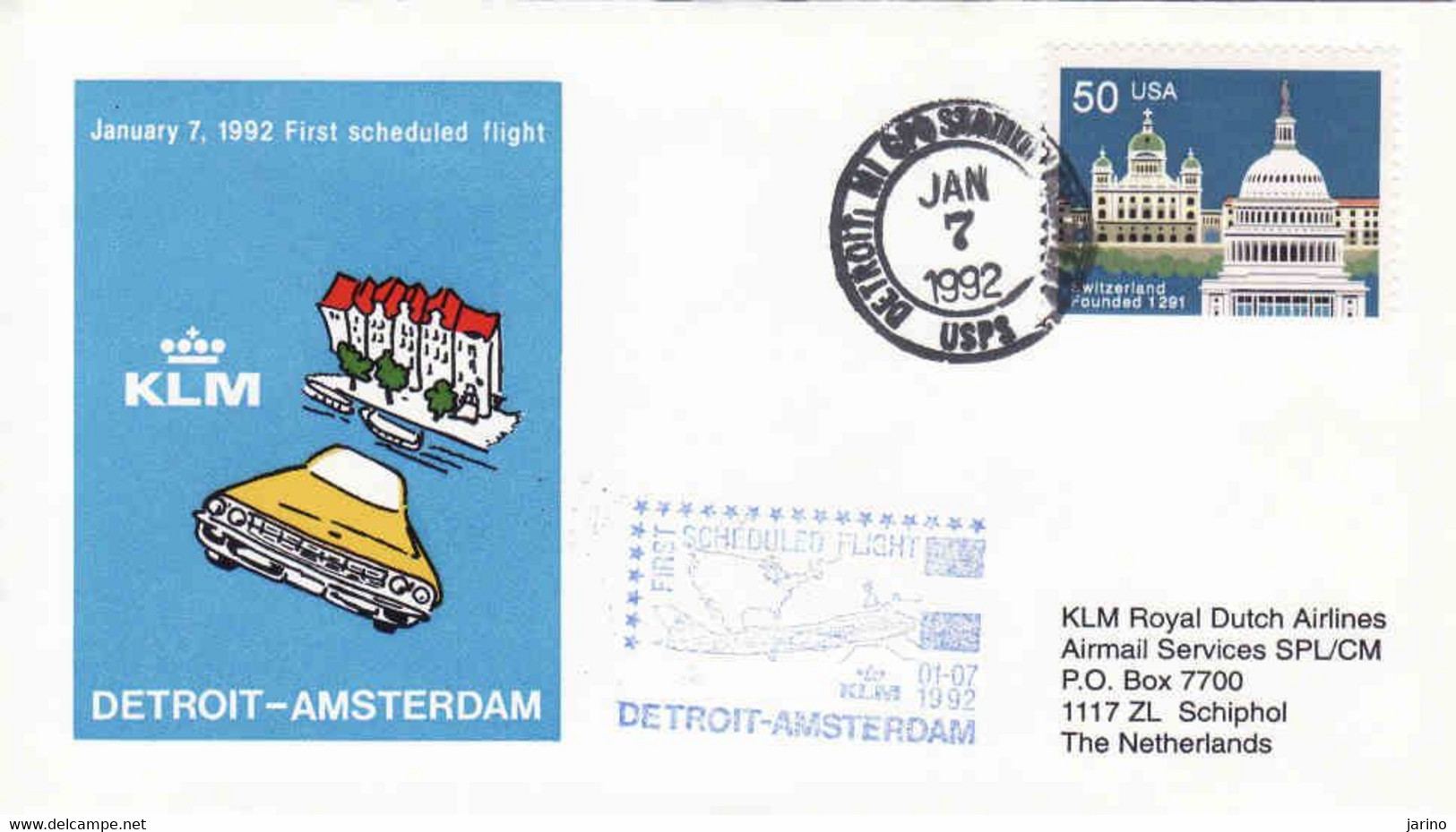 USA 1992, Par Avion, First Scheduled Flight KLM Detroit - Amsterdam, Royal Dutch Airlines - 3a. 1961-… Used