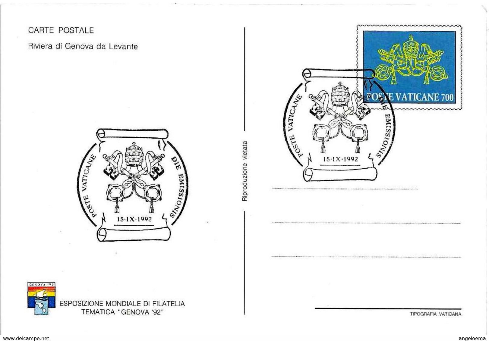 VATICANO - 1992 Genova '92 Annullo Speciale (chiavi Decussate) Su Cartolina Postale CP Riviera Da Levante - 1430 - Lettres & Documents