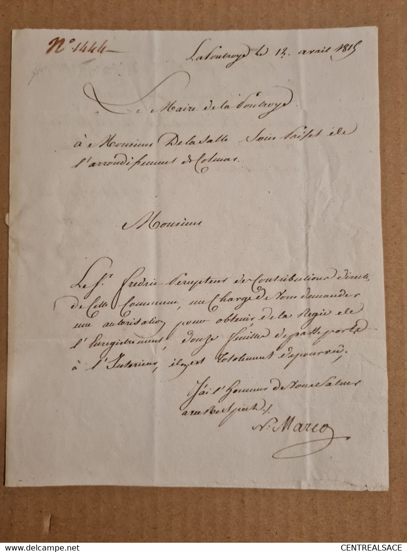 Lettre Franchise LAPOUTROIE 1815 PERCEPTEUR FEUILLES DE PASSEPORT A L4INTERIEUR - Non Classés