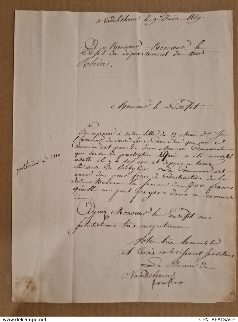 Lettre Franchise NAMBSHEIM 1819 Maison Communale Qui Sert De Presbytère - Unclassified