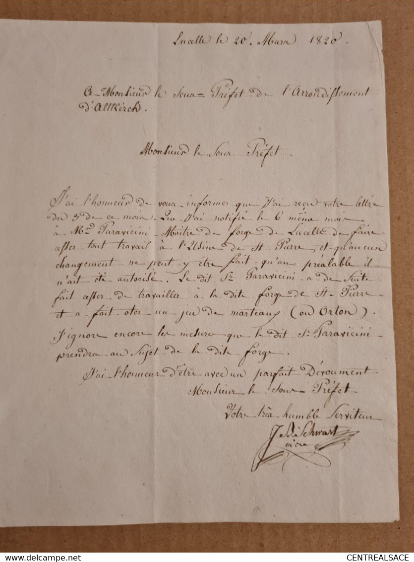 Lettre Franchise LUCELLE 1820 Mr PARAVICINI Maitre Des Forges Arrêt Tout Travail - Non Classificati