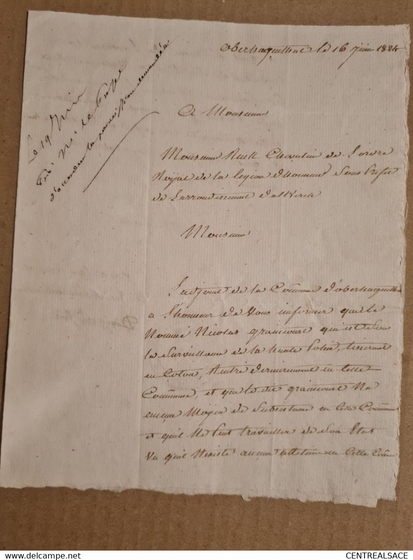 Lettre Franchise HAGENTHAL LE HAUT 1824 Mr NICOLAS SURVEILLANCE - Unclassified