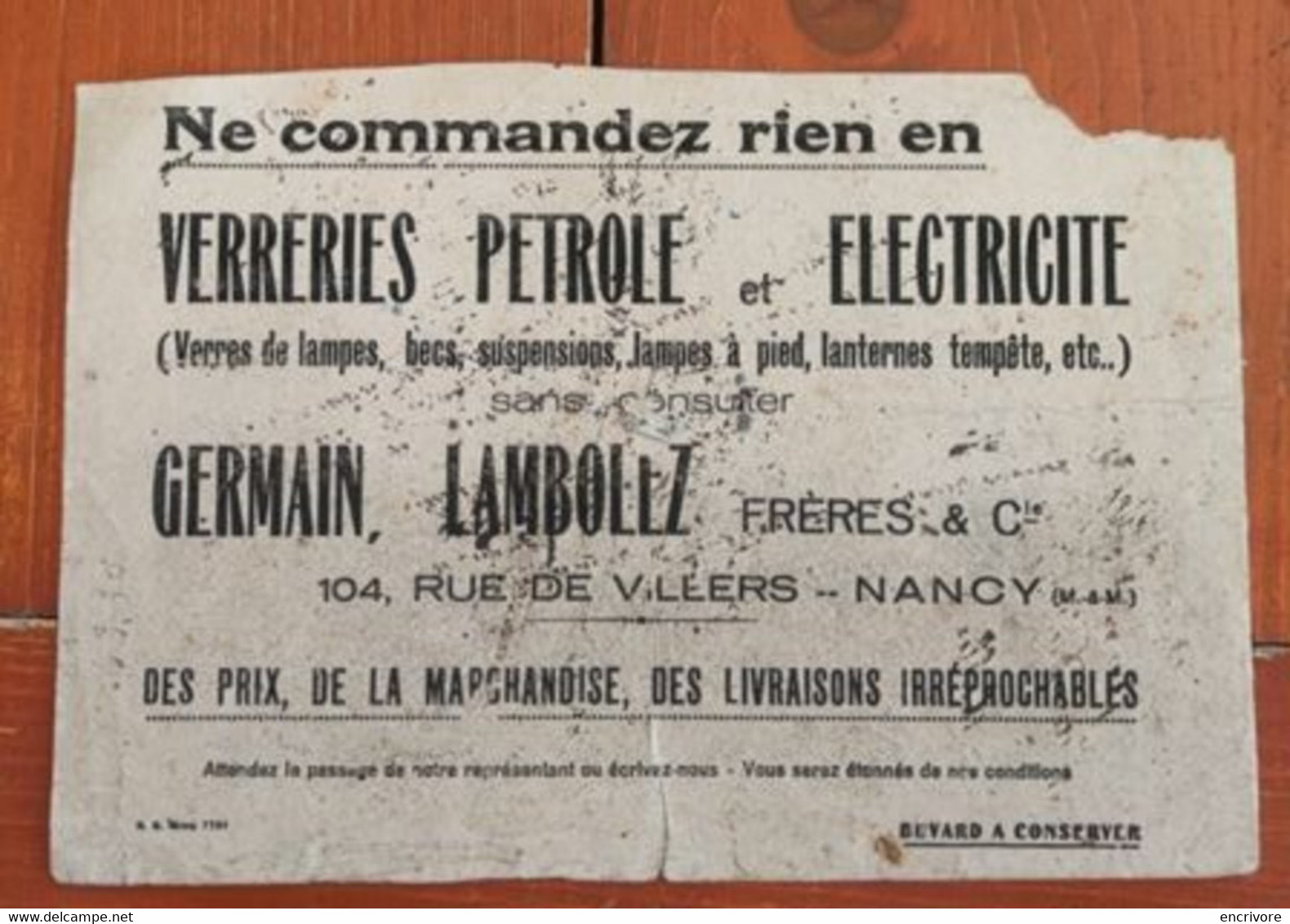 Buvard GERMAIN LAMBOLEZ FRERES Verreries Pétrole électricité NANCY Verres De Lampes Lanternes Suspensions Tempête - Electricité & Gaz