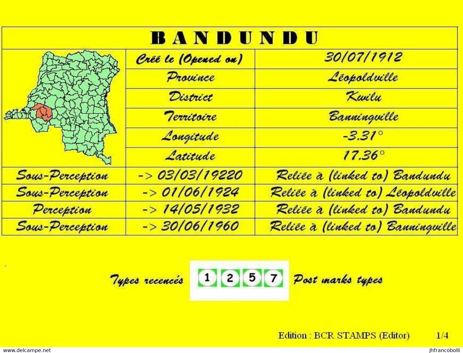 1915/1924 (°) BANDUNDU BELGIAN CONGO  CANCEL STUDY [2] COB 071+037+068+096+110+137 FIVE ROUND CANCELS - Plaatfouten En Curiosa