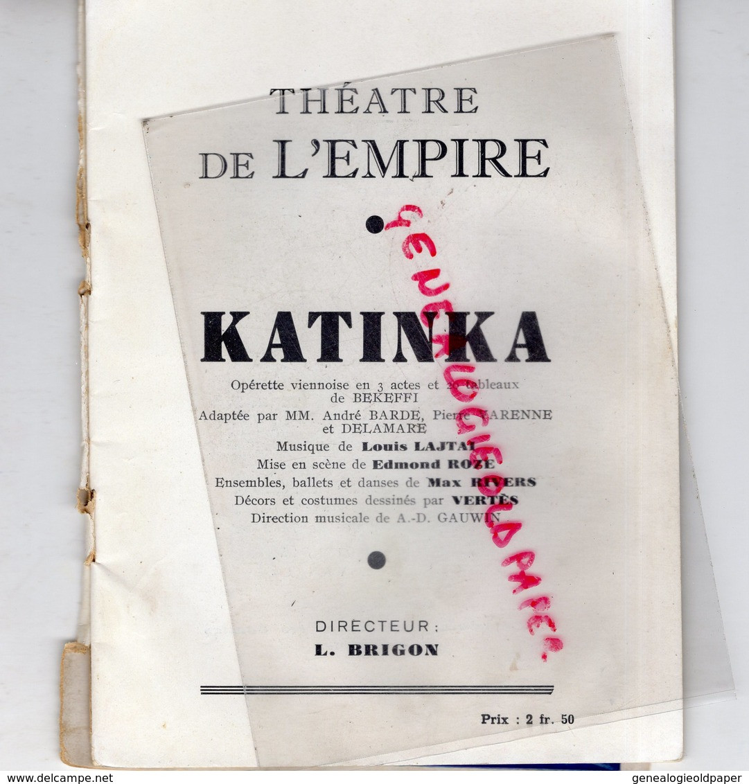 75-PARIS-PROGRAMME THEATRE EMPIRE-KATINKA-OPERETTE BEKEFFI-GAUWIN-LAJTAI-RITA GEORG-GAUDIN-DUBOSC-LAMY-CLEVERS-CHARLEY - Programme