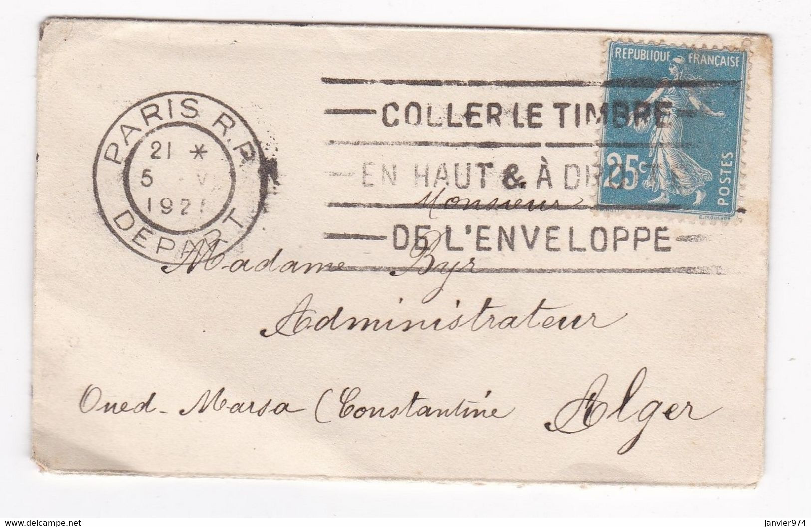 Paris RP Pour Mr Byr à Oued Marsa, 1 Cachet Paris RP Départ 1921, - Lettres & Documents